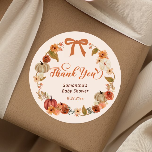 Little Pumpkin Fall Floral Baby Shower Thank you Classic Round Sticker (Creator Uploaded)