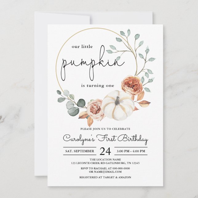 Little Pumpkin Fall Floral Birthday Invitation (Front)