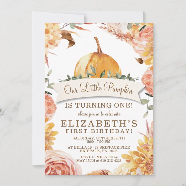 Little PUMPKIN Fall Floral Birthday Party Invitati Invitation (Front)