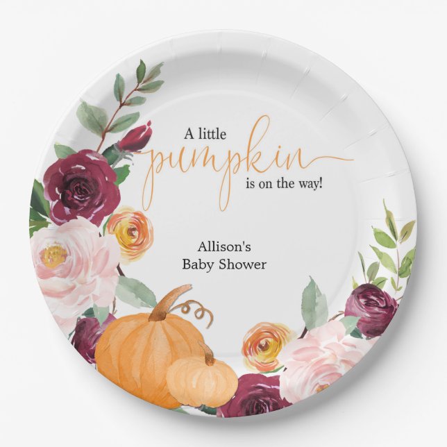 Little pumpkin fall floral girl baby shower paper plate (Front)
