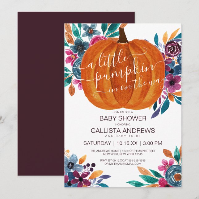Little Pumpkin Fall Floral Watercolor Baby Shower Invitation (Front/Back)