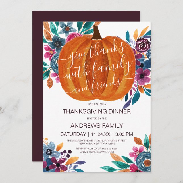 Little Pumpkin Fall Floral Watercolor Thanksgiving Invitation (Front/Back)