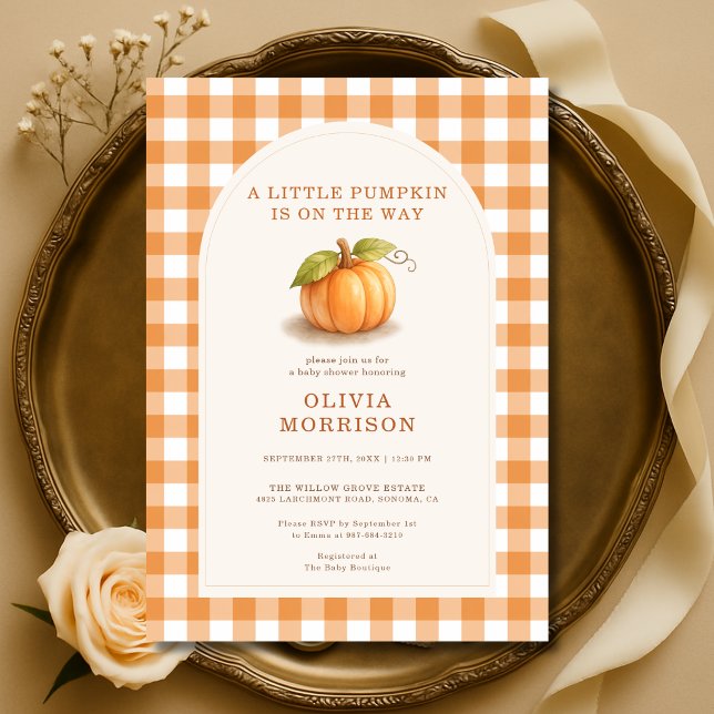 Little Pumpkin Fall Gingham Baby Shower Invitation (Creator Uploaded)