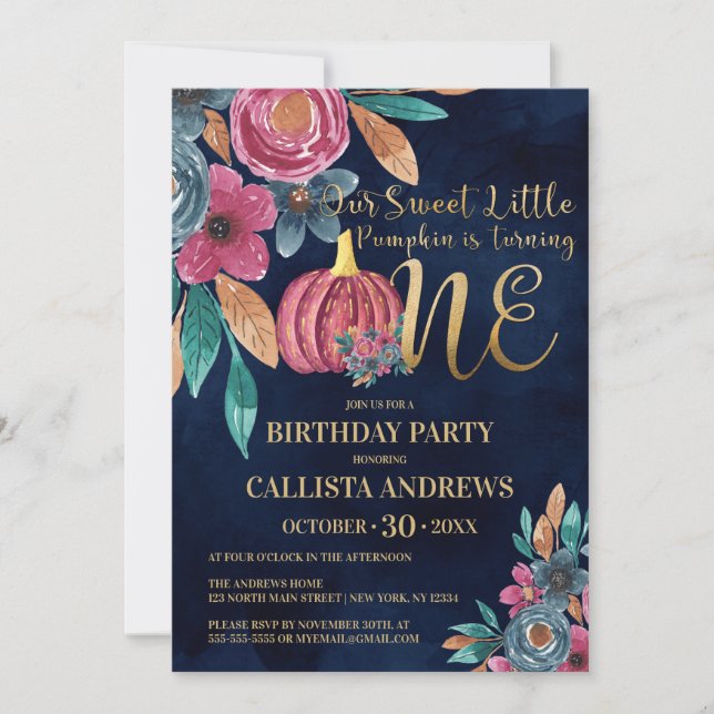 Little Pumpkin Fall Gold Floral 1st Birthday Invitation (Front)