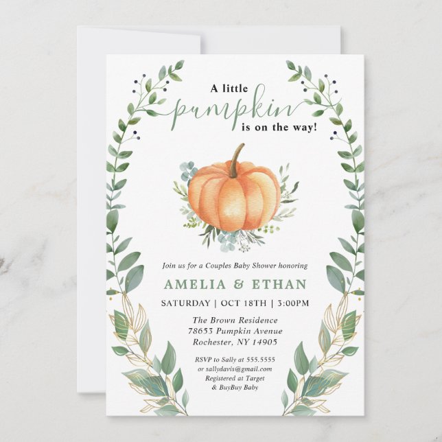 Little Pumpkin Fall Greenery | Couples Baby Shower Invitation (Front)