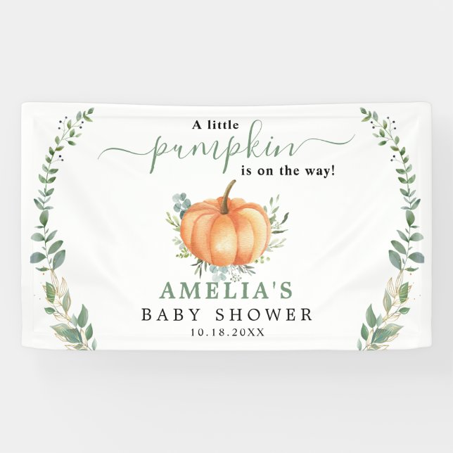 Little Pumpkin Fall Greenery Gold Baby Shower Banner (Horizontal)