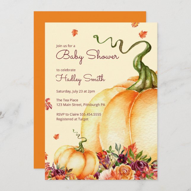 Little pumpkin, fall leaves baby shower  invitation (Front/Back)