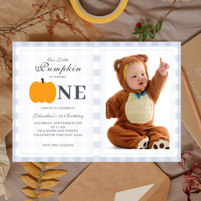 Little Pumpkin Fall Pastel Blue 1st Birthday Photo Invitation (Creator Uploaded)