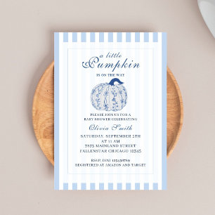 Little Pumpkin Fall Pastel Blue Bow Baby Shower Invitation