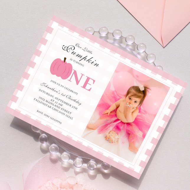 Little Pumpkin Fall Pastel Pink 1st Birthday Photo Invitation (Creator Uploaded)