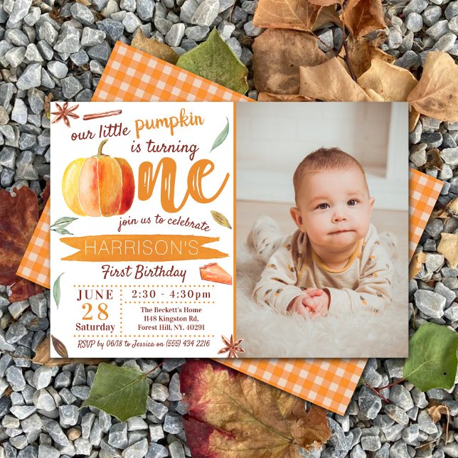 Little Pumpkin Fall Photo 1st Birthday Invitation (Creator Uploaded)