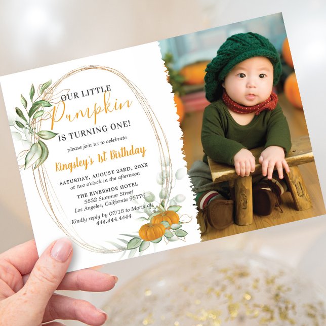 Little Pumpkin Fall Photo First Birthday Invitation (Creator Uploaded)