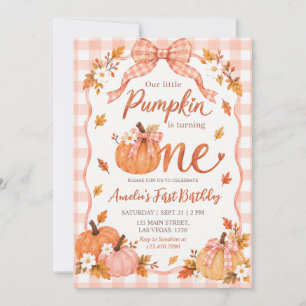 Little Pumpkin Fall Pink Gingham First Birthday Invitation