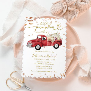 Little Pumpkin Fall Red Vintage Truck Baby Shower Invitation