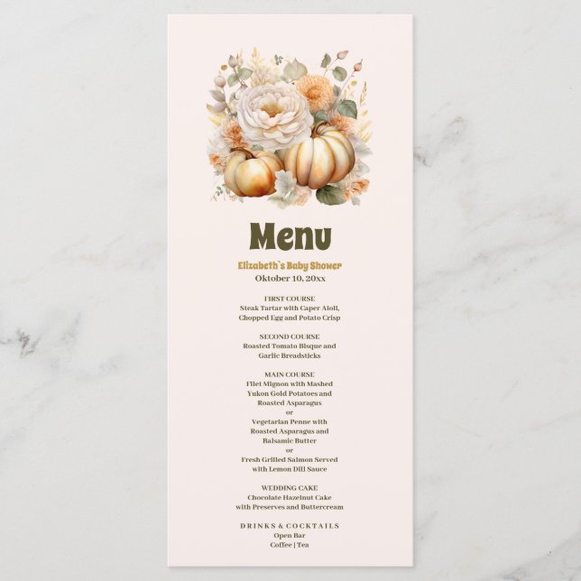 Little pumpkin fall watercolor floral baby shower menu (Front)