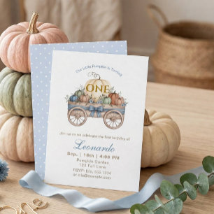 Little Pumpkin First Birthday, Blue Fall Boy Invitation