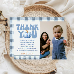 Little Pumpkin First Birthday Blue Gingham Fall Thank You Card
