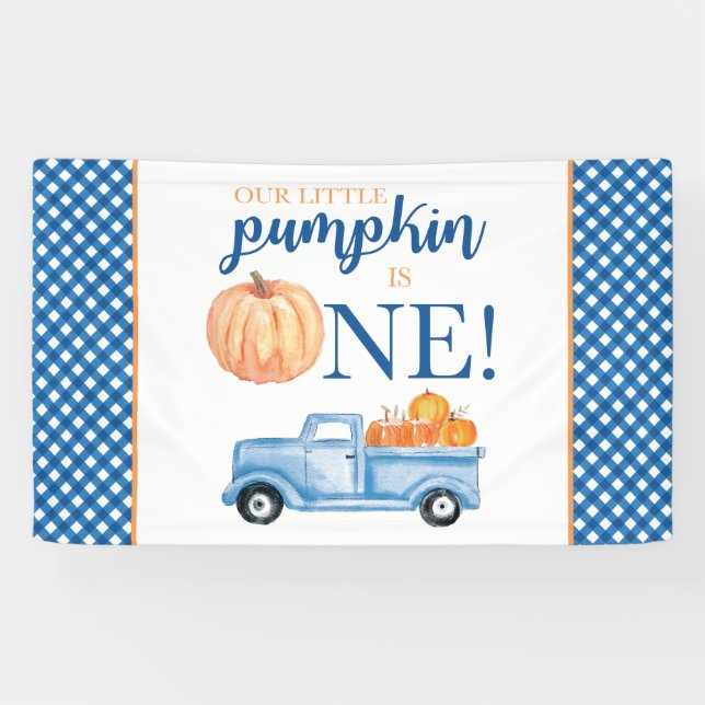 Little Pumpkin First Birthday blue truck plaid Ban Banner (Horizontal)