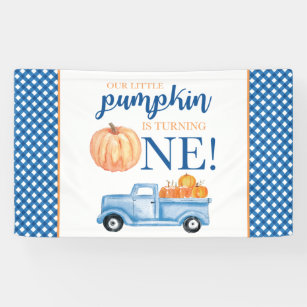 Little Pumpkin First Birthday blue truck plaid Banner
