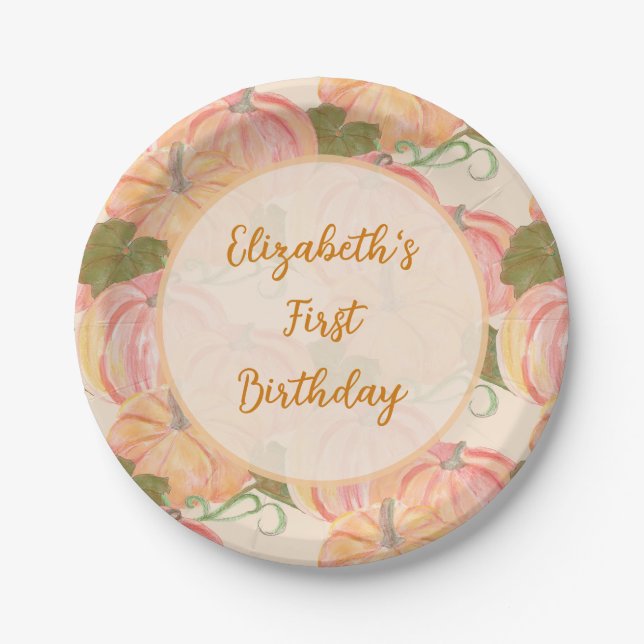 Little Pumpkin First Birthday Custom Name Paper Plate (Front)