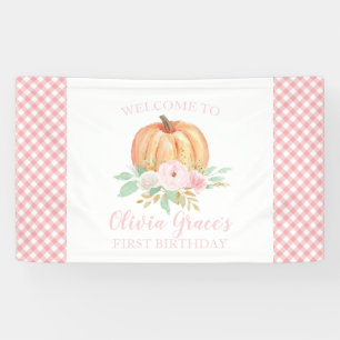 Little Pumpkin First Birthday floral pink plaid Banner