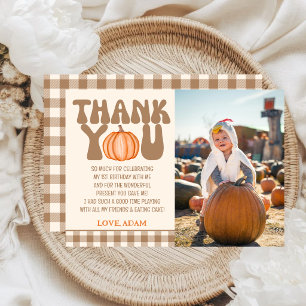 Little Pumpkin First Birthday Gingham Fall Autumn Thank You Card