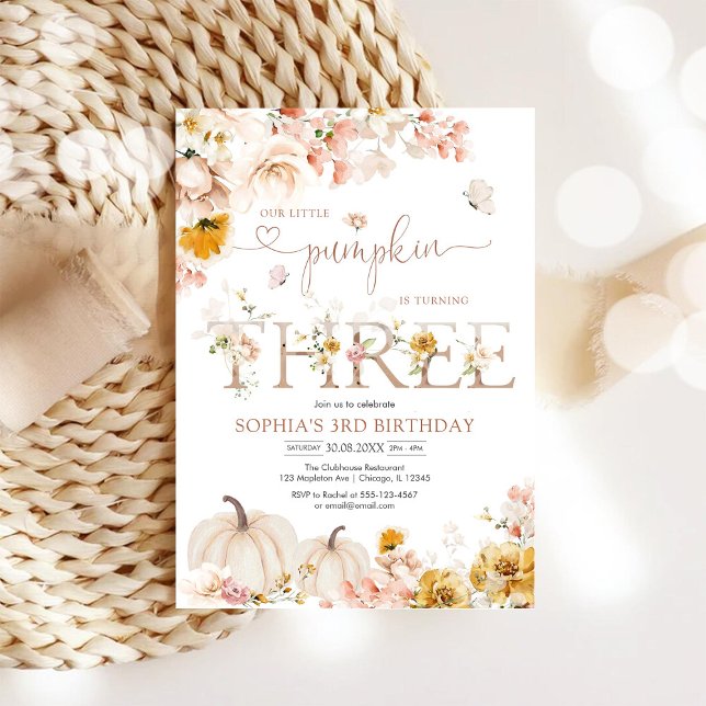 Little Pumpkin Floral 3rd Birthday Invitation (Creator Uploaded)