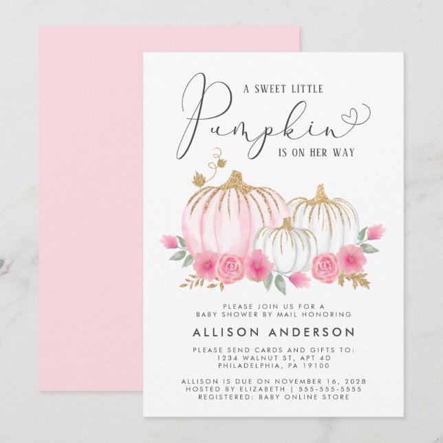 Little Pumpkin Floral Baby Girl Shower By Mail Invitation (Front/Back)