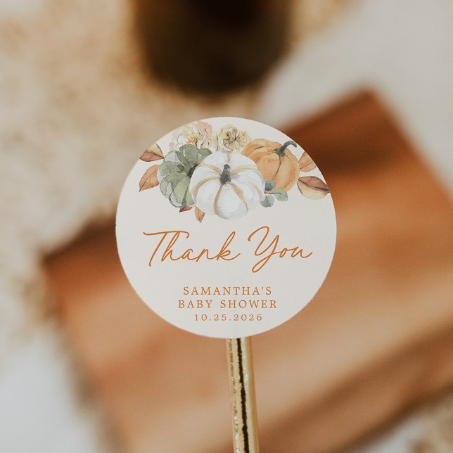 Little Pumpkin Floral Baby Shower Thank You Favour Classic Round Sticker (Creator Uploaded)