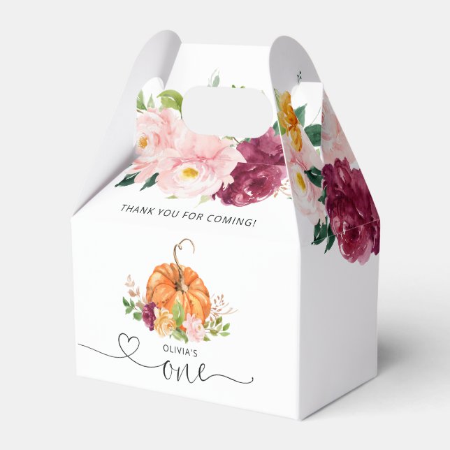 Little pumpkin floral burgundy 1st birthday party favour box (Front Side)