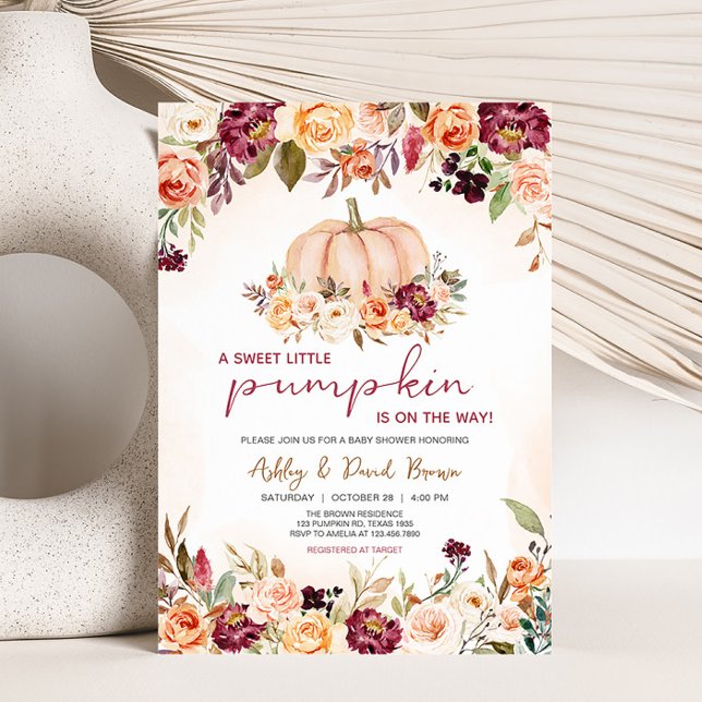 Little Pumpkin Floral Burgundy Baby Shower Invitation (Burgundy Floral Baby Shower Invitation )