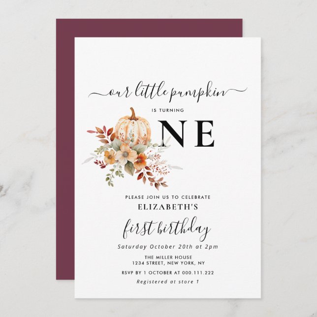 little pumpkin floral first birthday invitation (Front/Back)