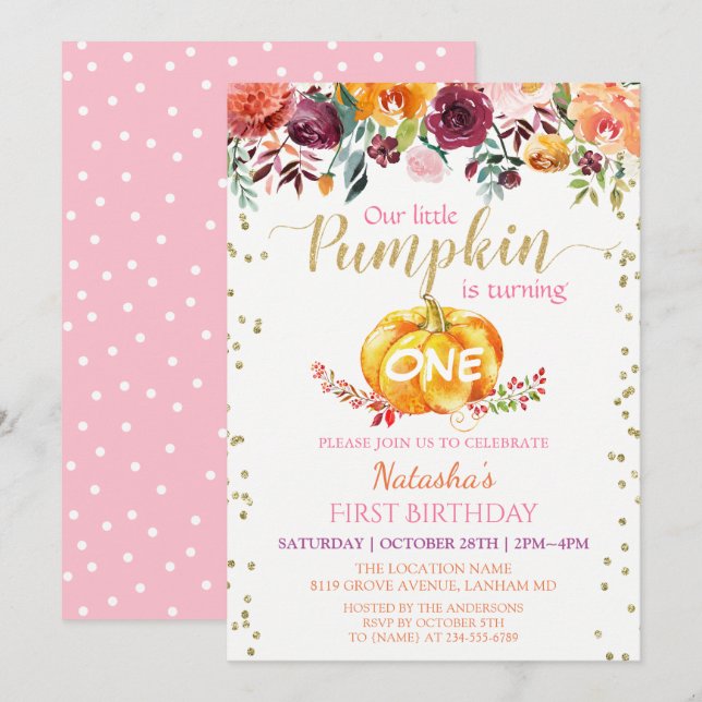 Little Pumpkin Floral Girl Baby 1st Birthday Party Invitation (Front/Back)