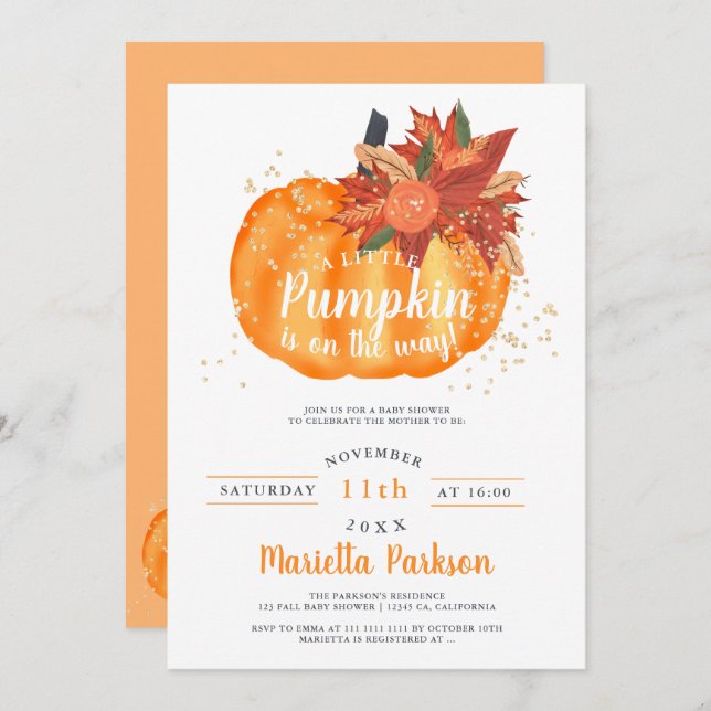 Little pumpkin floral orange fall baby shower invitation (Front/Back)