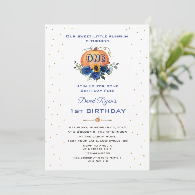 Little Pumpkin Floral Thanksgiving 1st Birthday Invitation (Standing Front)