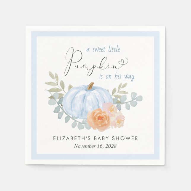 Little Pumpkin Floral Watercolor Baby Boy Shower Napkin (Front)