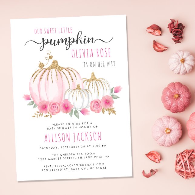 Little Pumpkin Floral Watercolor Baby Girl Shower Invitation (Celebrate the upcoming arrival of your sweet autumn baby girl with a pumpkin-themed baby shower)