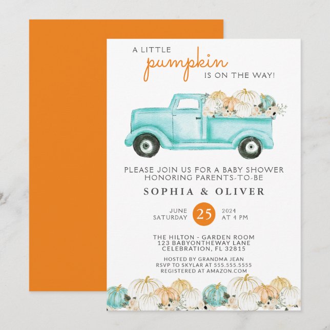 Little Pumpkin Gender Neutral Couples Baby Shower Invitation (Front/Back)