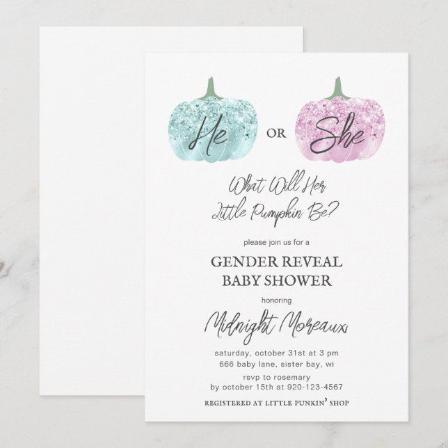 Little Pumpkin Gender Reveal Halloween Baby Shower Invitation (Front/Back)