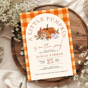 Little pumpkin gingham autumn fall baby shower invitation