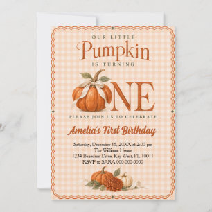 Little Pumpkin Gingham First Birthday Invitation