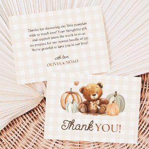 Little Pumpkin Gingham Teddy Bear Fall Baby Shower Thank You Card