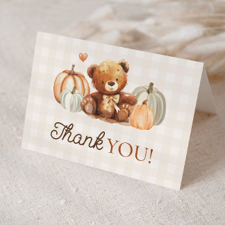Little Pumpkin Gingham Teddy Bear Fall Baby Shower Thank You Card