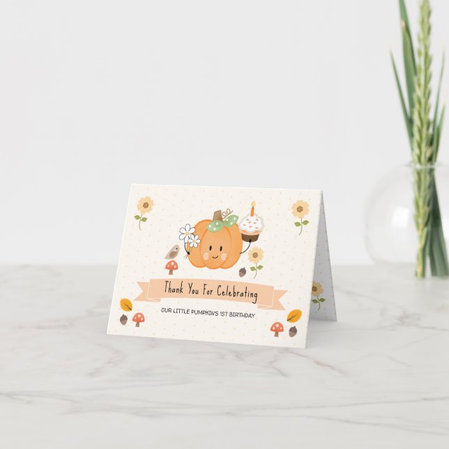 Little Pumpkin Girl 1st Birthday Thank You Cards (Front)