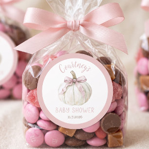 Little Pumpkin Girl Baby Shower Pink Bow Classic Round Sticker