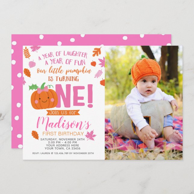 Little Pumpkin Girl Birthday Invitation with photo (Front/Back)