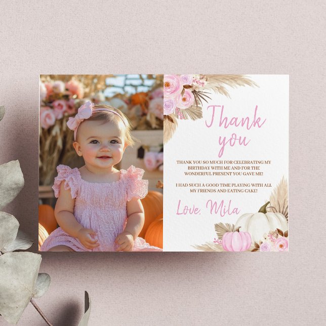Little Pumpkin Girl Birthday Photo Thank You Card (Creator Uploaded)