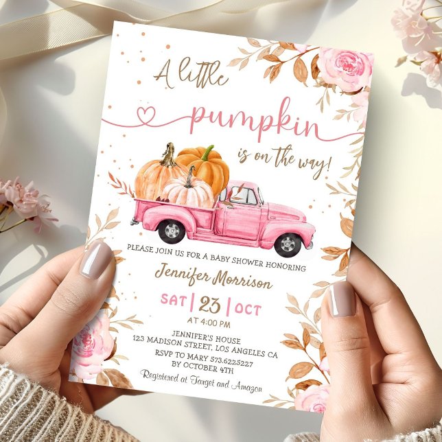 Little Pumpkin Girl Pink Truck Fall Baby Shower Invitation (Creator Uploaded)