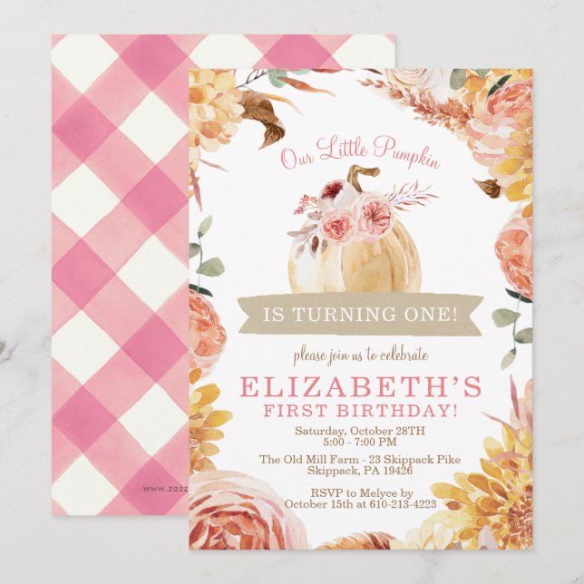 Little PUMPKIN Girls Pink Floral Birthday Party Invitation (Front/Back)