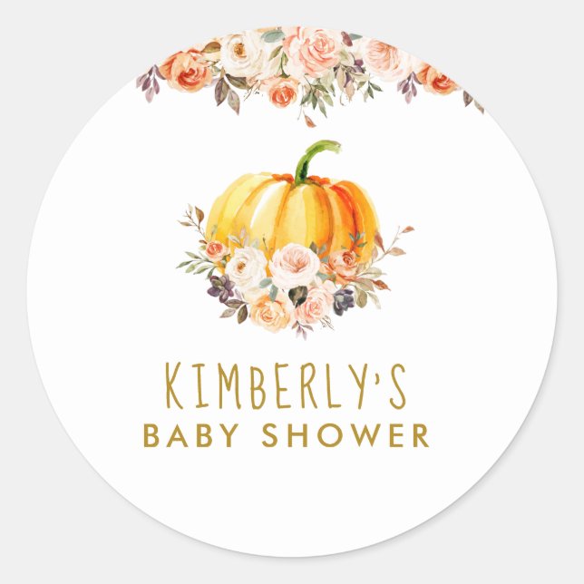Little pumpkin gold and blush floral baby shower classic round sticker (Front)